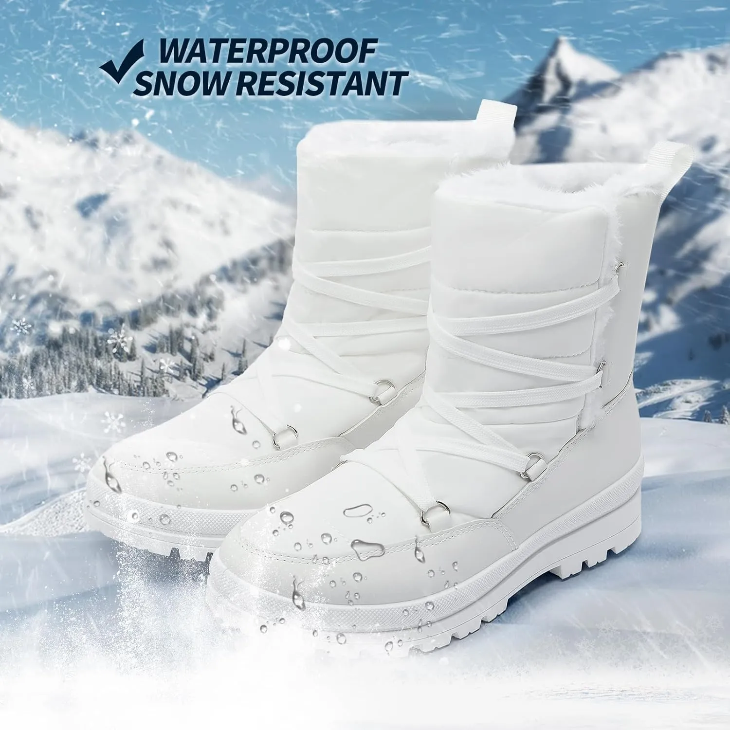 Rominz Women's Winter Snow Boots - Waterproof Black Fur Lined Warm Mid Calf Non-Slip Ankle Boots - White Lace-Up Platform