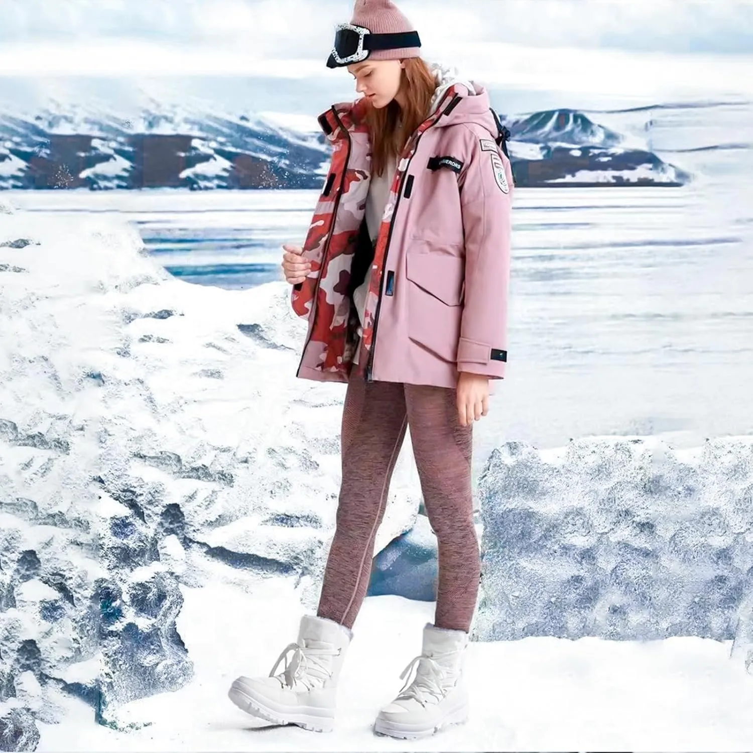 Rominz Women's Winter Snow Boots - Waterproof Black Fur Lined Warm Mid Calf Non-Slip Ankle Boots - White Lace-Up Platform