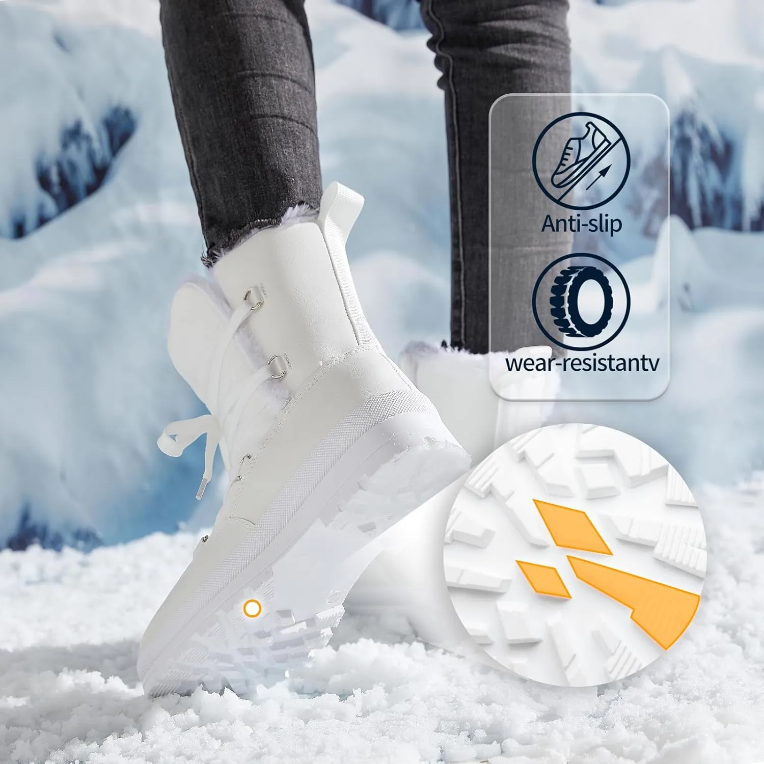 Rominz Women's Winter Snow Boots - Waterproof Black Fur Lined Warm Mid Calf Non-Slip Ankle Boots - White Lace-Up Platform
