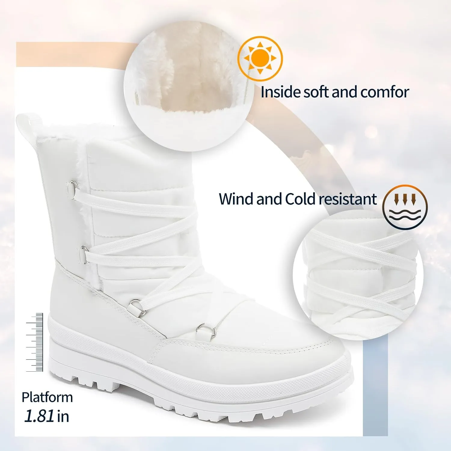 Rominz Women's Winter Snow Boots - Waterproof Black Fur Lined Warm Mid Calf Non-Slip Ankle Boots - White Lace-Up Platform