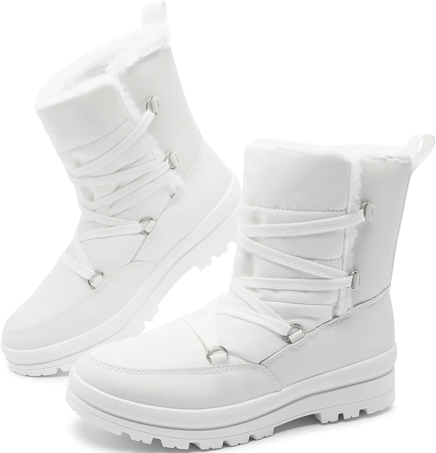 Rominz Women's Winter Snow Boots - Waterproof Black Fur Lined Warm Mid Calf Non-Slip Ankle Boots - White Lace-Up Platform