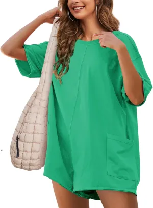 Rompers for Women Summer Oversized Shirt Short Sleeve Jumpsuit Athletic Workout Reversible Hot Shot Tee Pockets