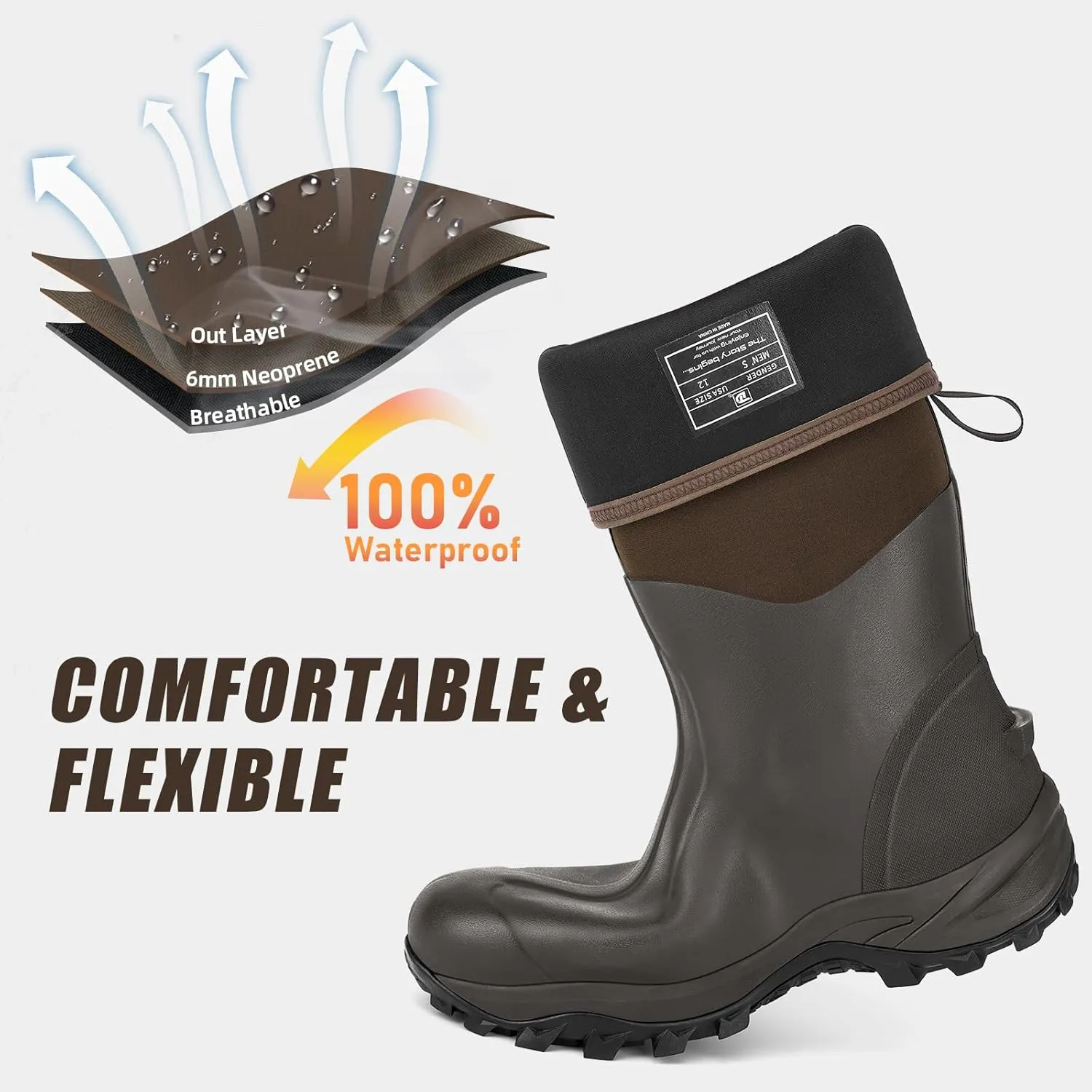 Rubber Boots for Men & Women with Steel Shank, Reliable 6mm Neoprene Waterproof Insulated Rain Boots, Warm Anti-slip High Traction Multi-season Dry Mud Boot for Outdoor Work Hunting, Size 5-14