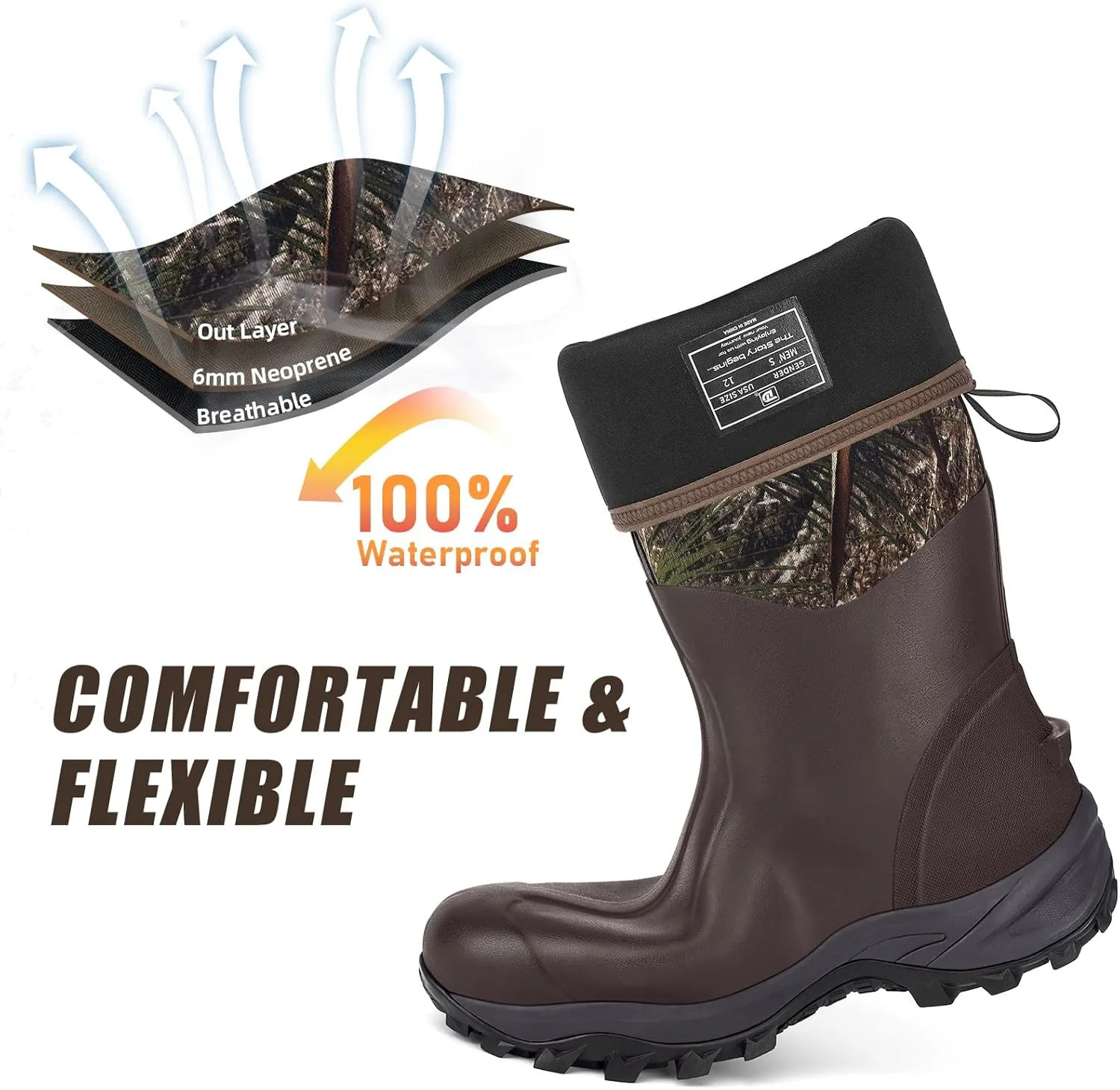 Rubber Boots for Men & Women with Steel Shank, Reliable 6mm Neoprene Waterproof Insulated Rain Boots, Warm Anti-slip High Traction Multi-season Dry Mud Boot for Outdoor Work Hunting, Size 5-14