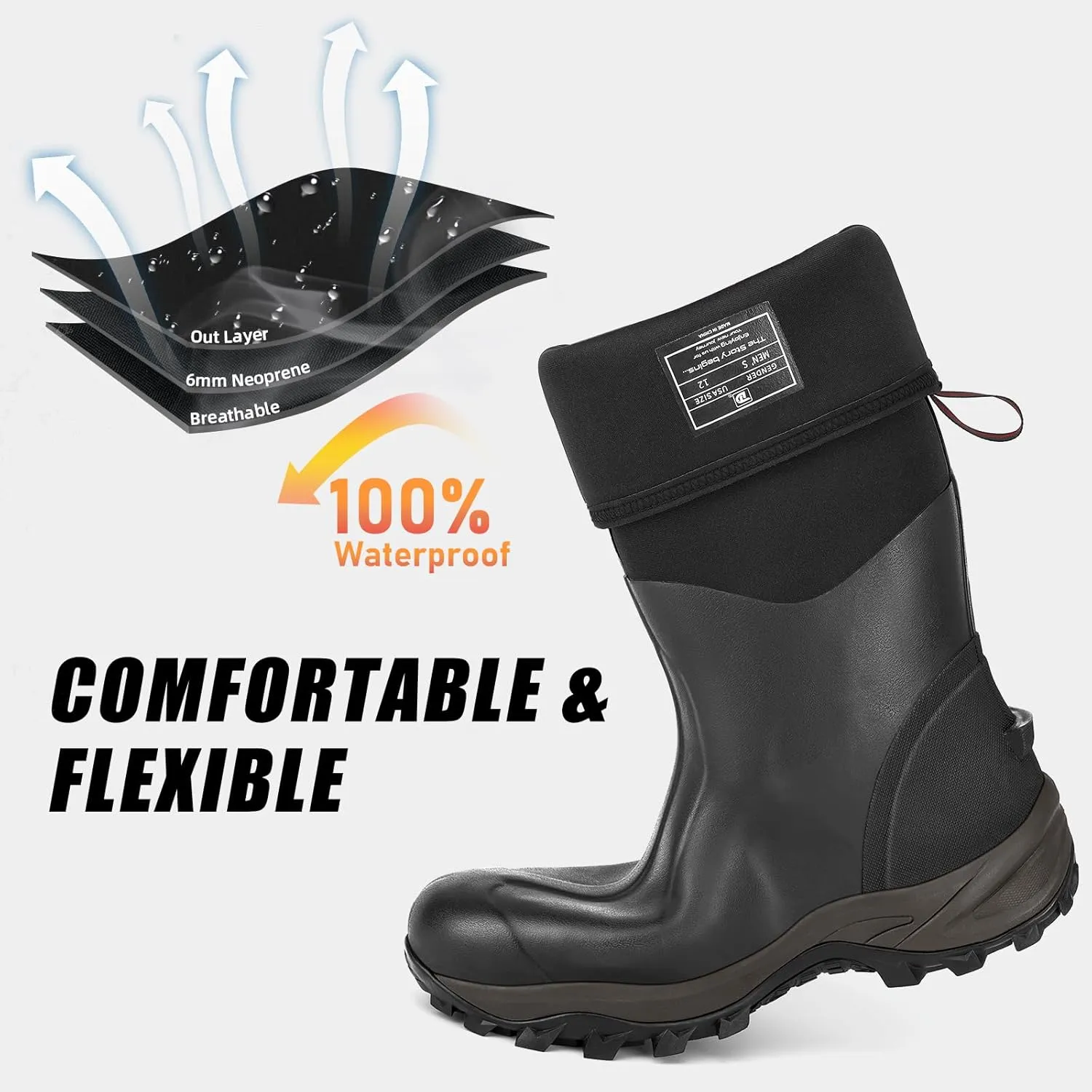 Rubber Boots for Men & Women with Steel Shank, Reliable 6mm Neoprene Waterproof Insulated Rain Boots, Warm Anti-slip High Traction Multi-season Dry Mud Boot for Outdoor Work Hunting, Size 5-14