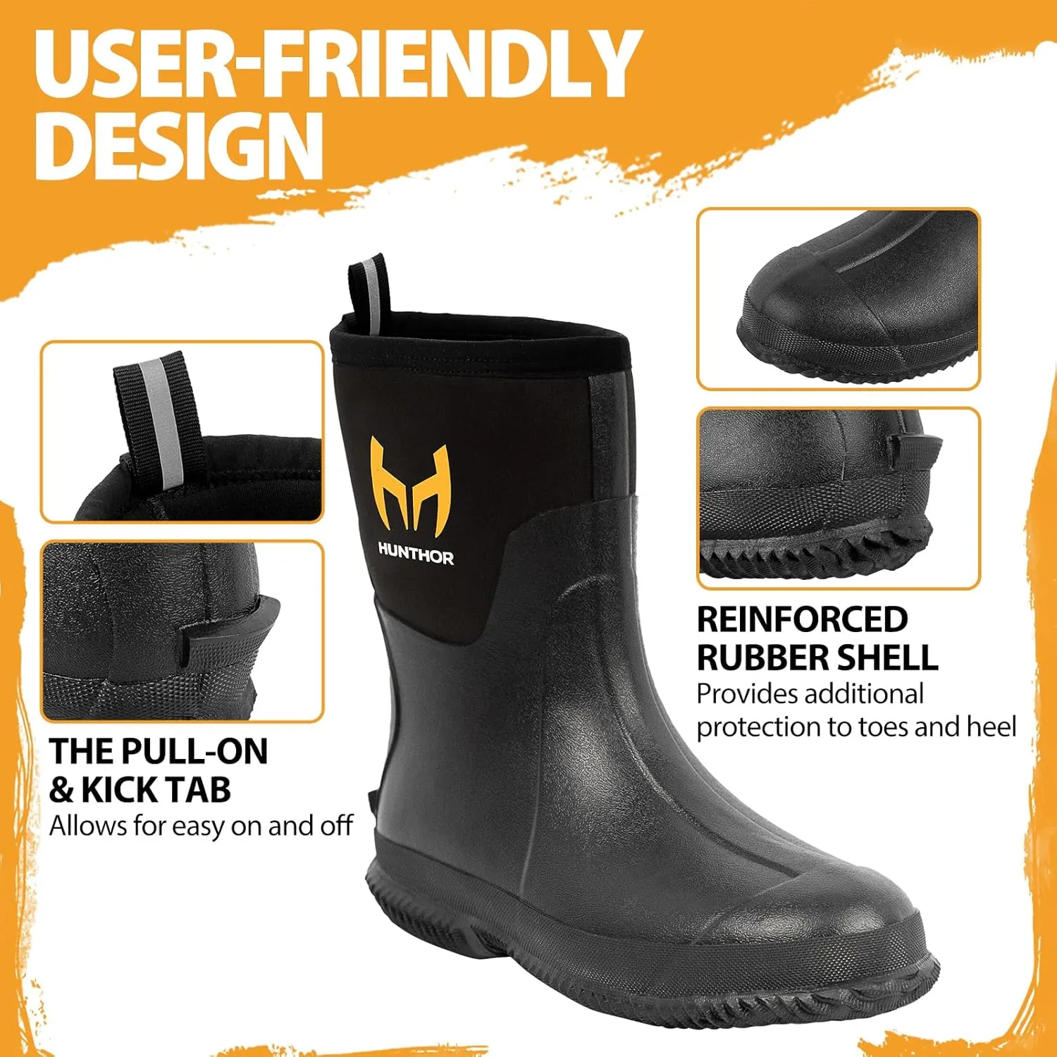 Rubber Boots for Men with Steel Shank, 6mm Neoprene Insulated Rain Boots, Mid Calf Waterproof Rubber Work Boots for Hunting, Gardening, Farming, Fishing