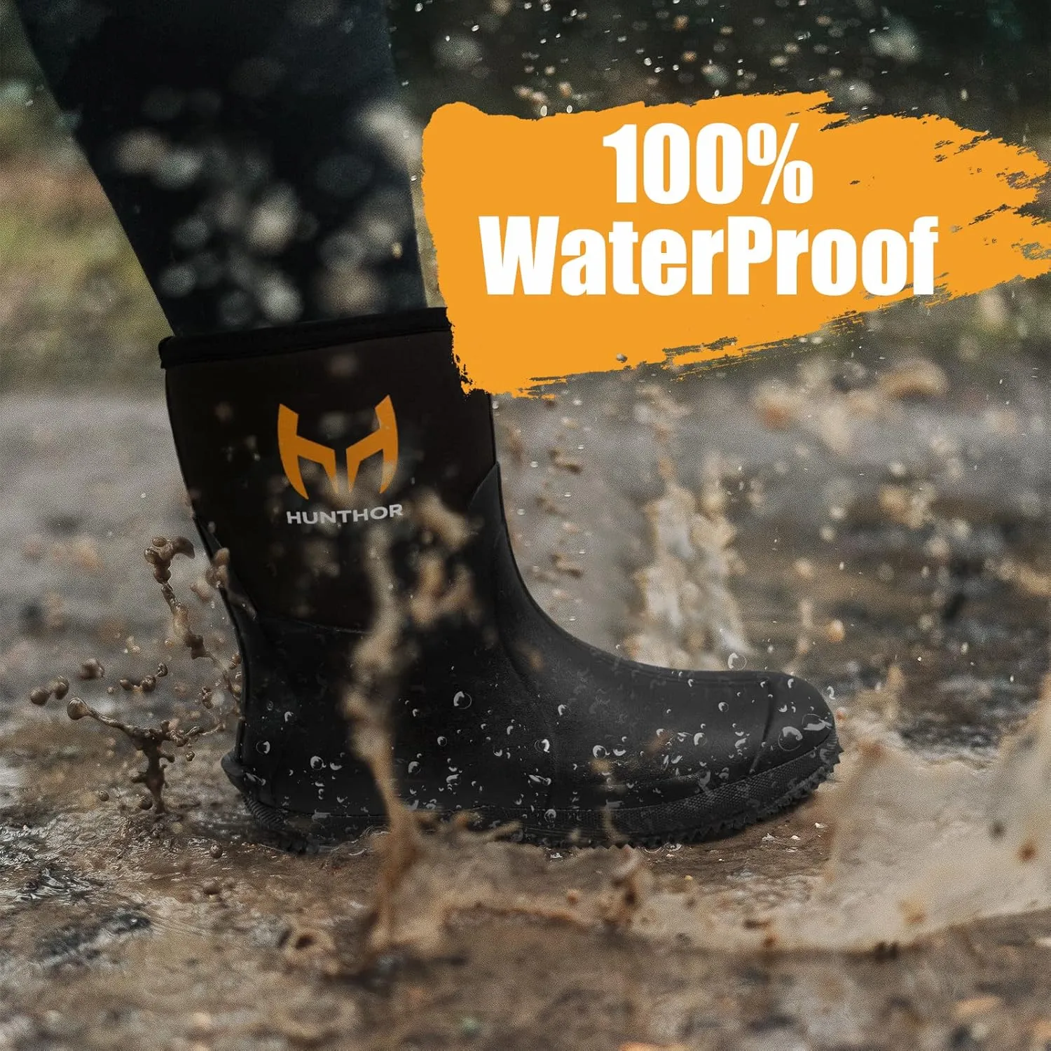 Rubber Boots for Men with Steel Shank, 6mm Neoprene Insulated Rain Boots, Mid Calf Waterproof Rubber Work Boots for Hunting, Gardening, Farming, Fishing