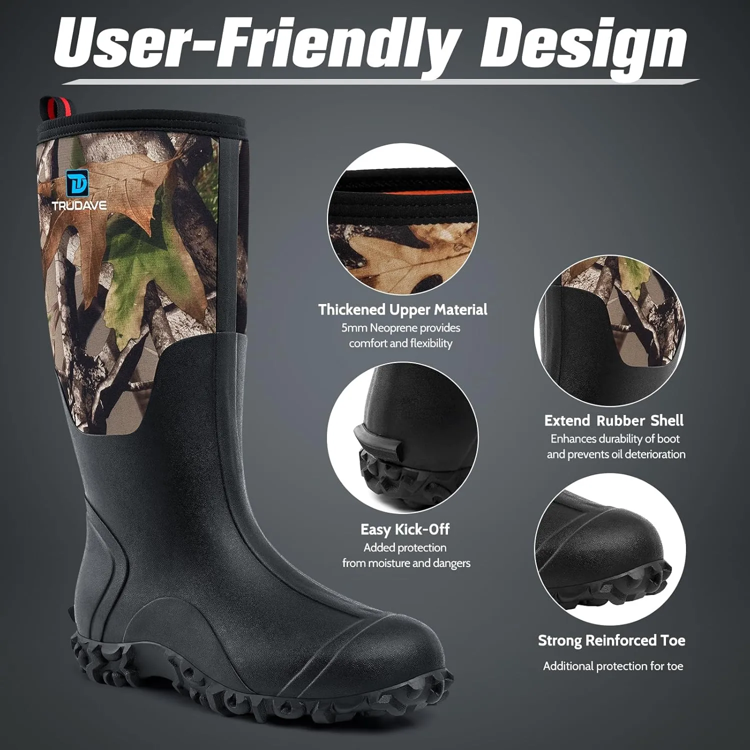 Rubber Boots for Men with Steel Shank, Waterproof Insulated Reliable Rain Boots for Outdoor Work Hunting, Warm Dry 5mm Neoprene Anti-slip All-Season Mud Boots, Size 5-14