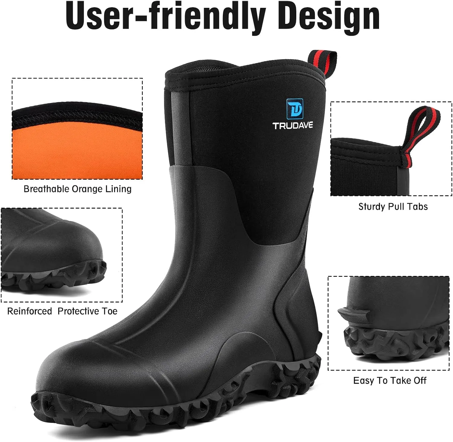 Rubber Boots for Women with Steel Shank, 6mm Neoprene Mid Calf Rain Boots, Waterproof Insulated Mud Work Boots All Season, Size 5-11