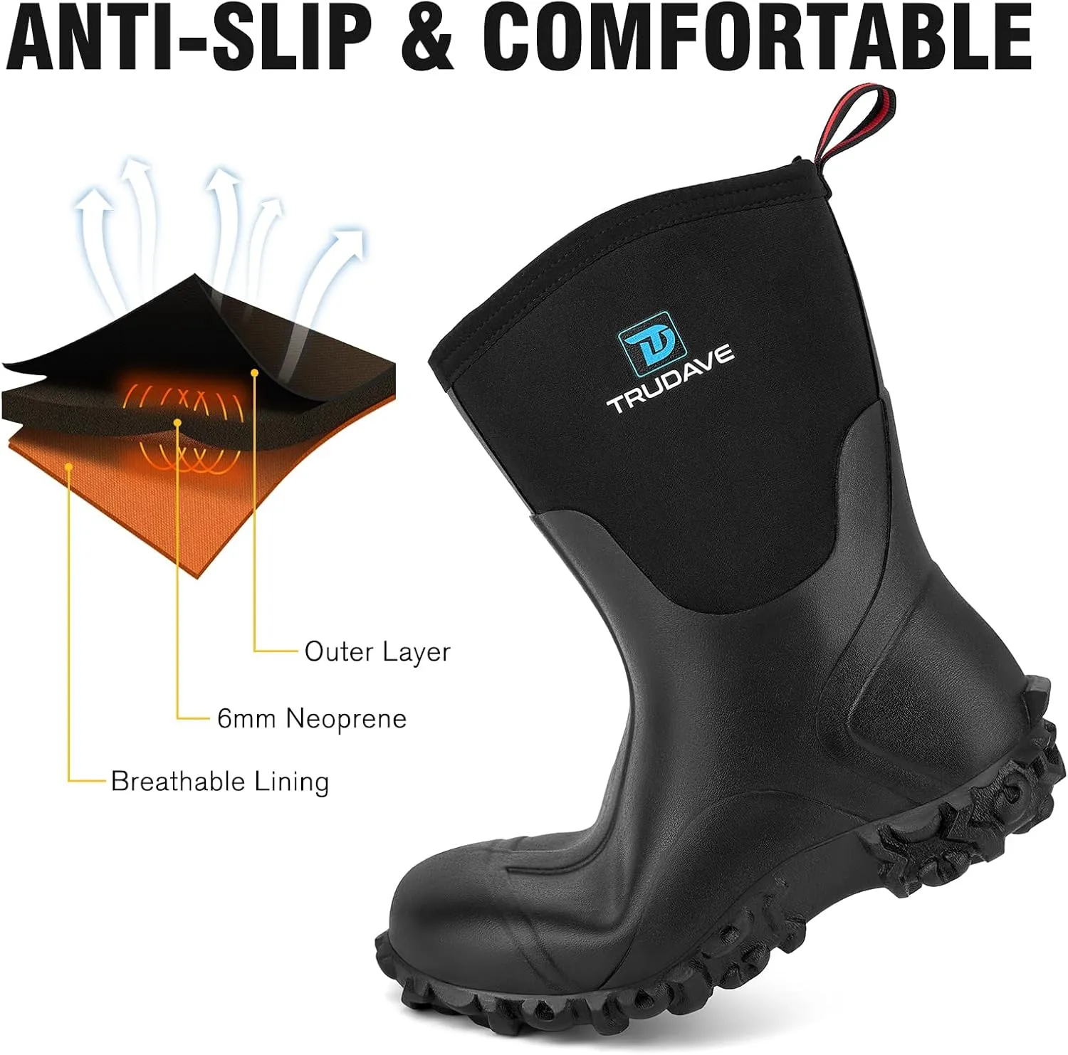 Rubber Boots for Women with Steel Shank, 6mm Neoprene Mid Calf Rain Boots, Waterproof Insulated Mud Work Boots All Season, Size 5-11