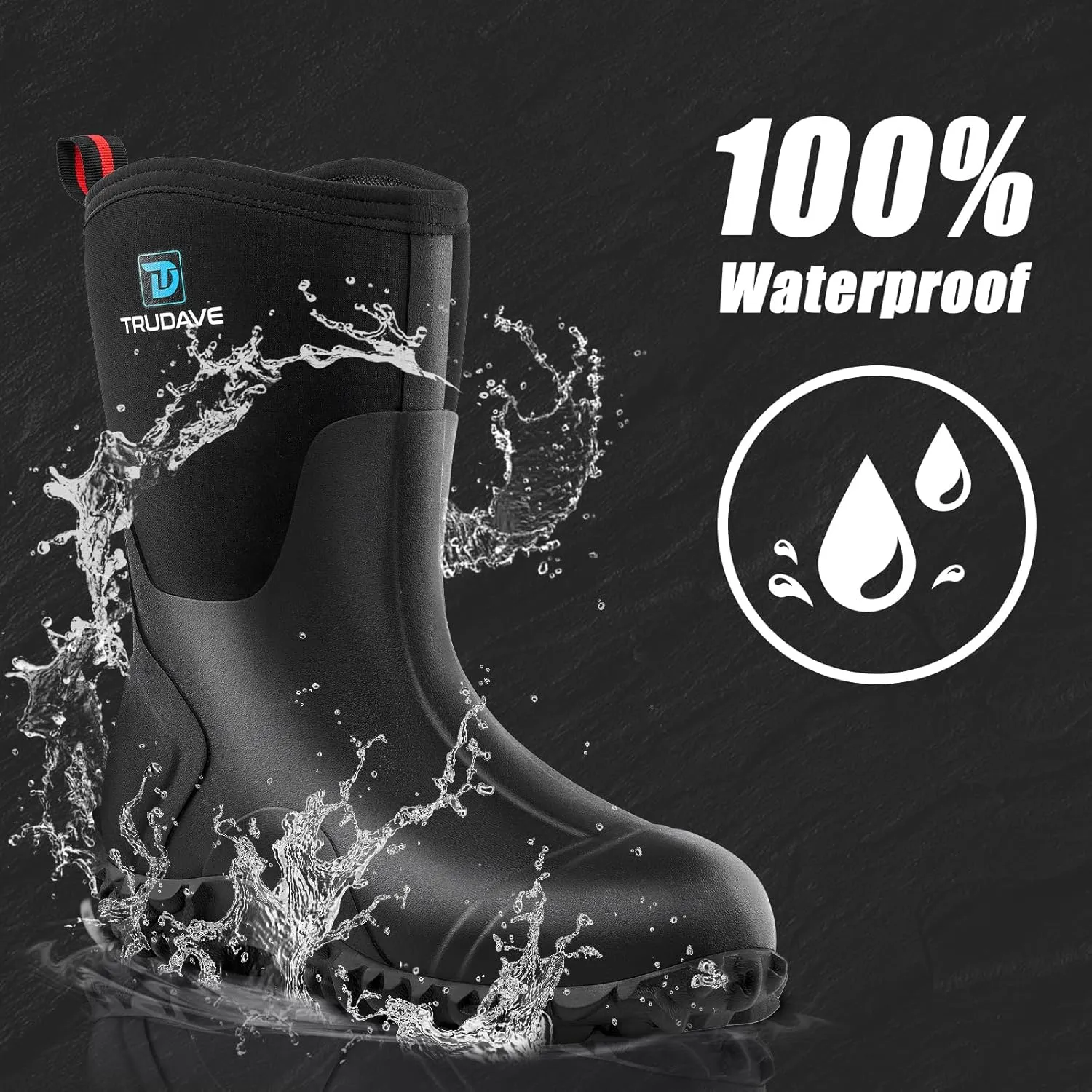 Rubber Boots for Women with Steel Shank, 6mm Neoprene Mid Calf Rain Boots, Waterproof Insulated Mud Work Boots All Season, Size 5-11