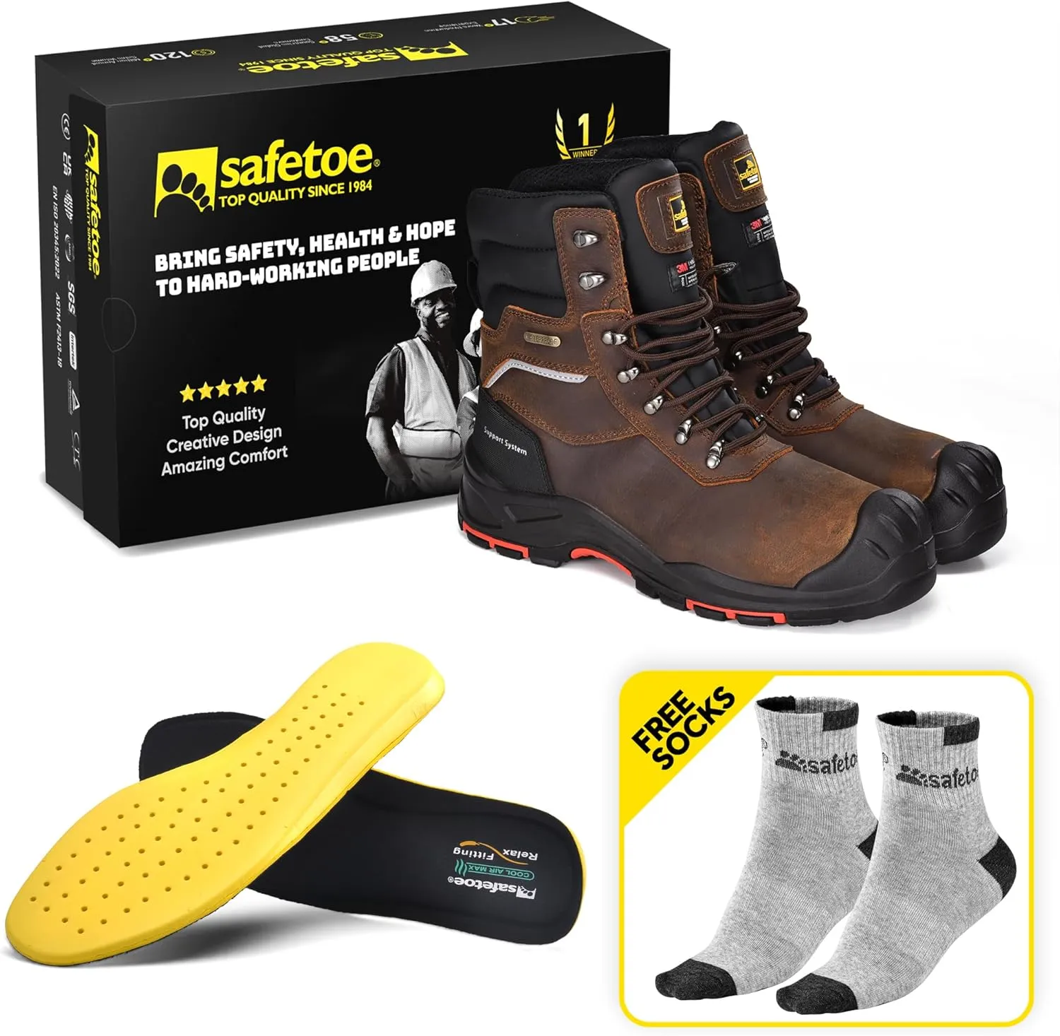 SAFETOE Men's Waterproof Cow Leather Safety Boot 8-inch Composite Toe Work Boots Insulated Winter Snow Boots