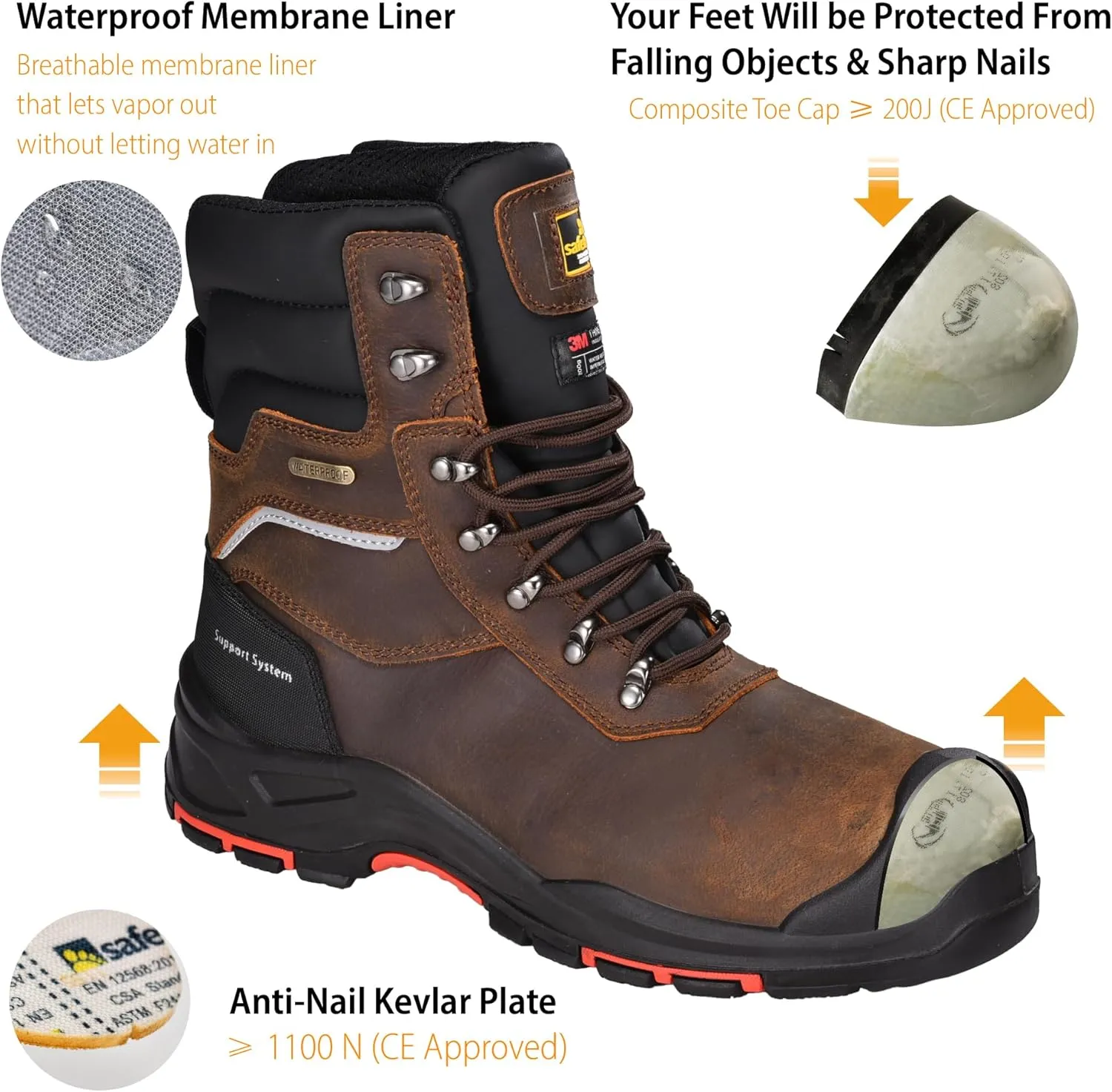 SAFETOE Men's Waterproof Cow Leather Safety Boot 8-inch Composite Toe Work Boots Insulated Winter Snow Boots