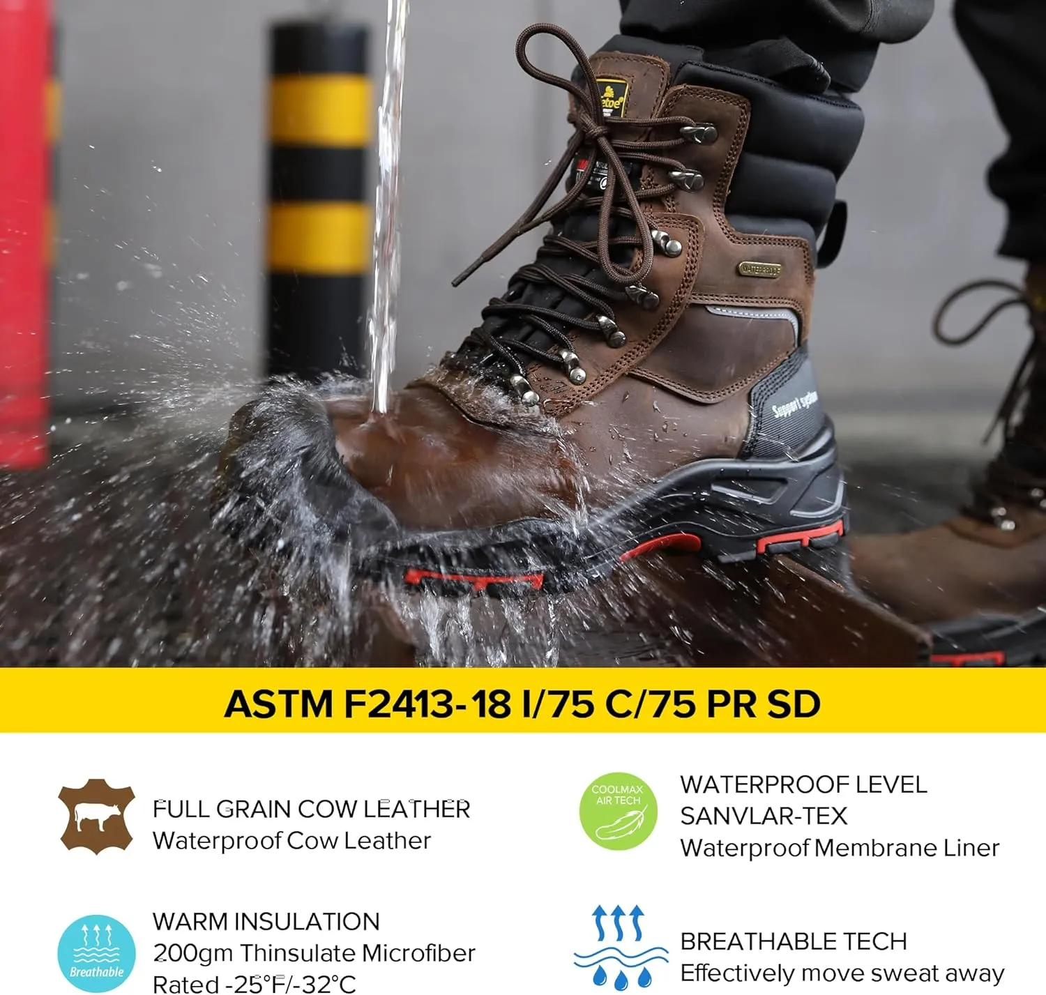 SAFETOE Men's Waterproof Cow Leather Safety Boot 8-inch Composite Toe Work Boots Insulated Winter Snow Boots