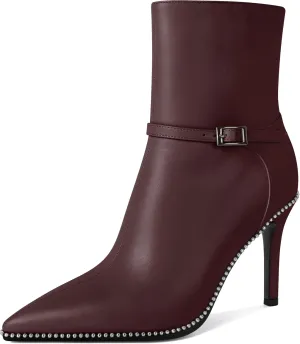 SAMMITOP Women's Pointed Toe Ankle Boots Sexy Stiletto High Heels Ankle Booties Buckle Strap Beaded Short Boots with Side Zipper 4 Inch