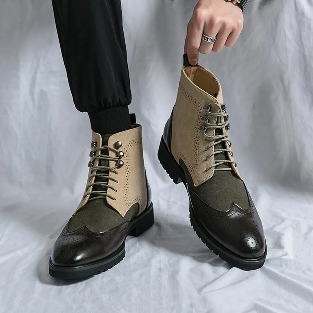 Santimon Men’s Multicolor Wingtip Brogue Leather & Suede Lace-Up Ankle Boots Stylish Comfort Dress & Casual Boot