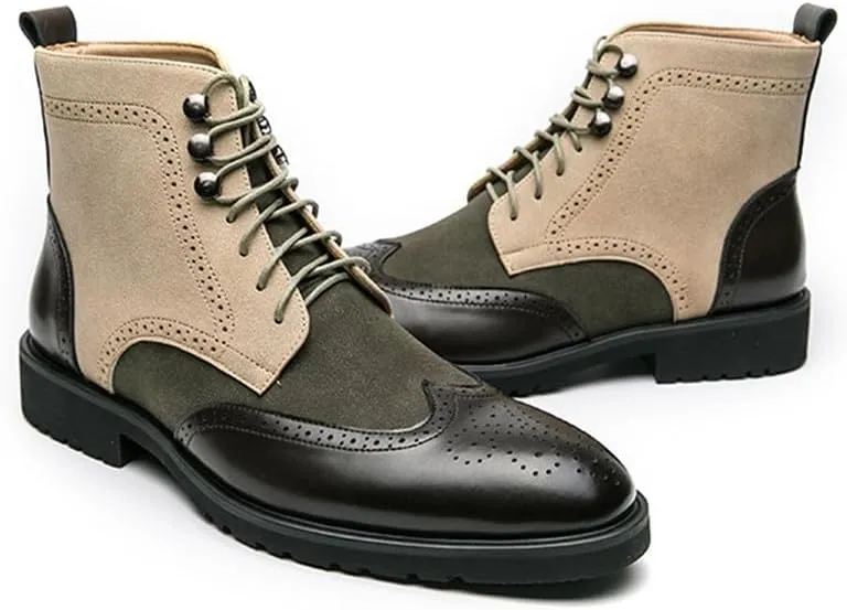 Santimon Men’s Multicolor Wingtip Brogue Leather & Suede Lace-Up Ankle Boots Stylish Comfort Dress & Casual Boot