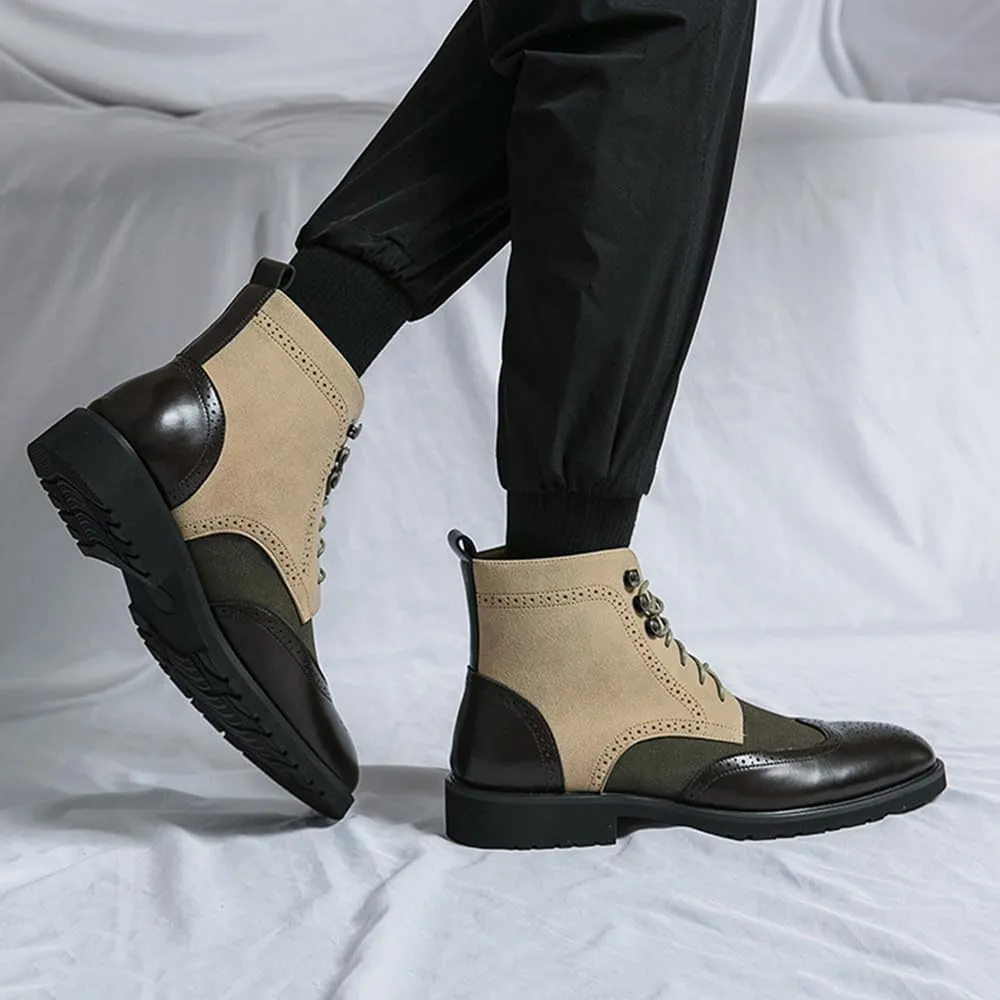Santimon Men’s Multicolor Wingtip Brogue Leather & Suede Lace-Up Ankle Boots Stylish Comfort Dress & Casual Boot