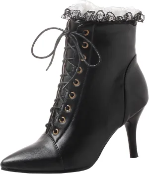 Seborluys Women Vintage Victorian Lace Up Boots Kitten Heel Ankle Boots Pointed Toe Mid Heel Booties With Zipper Wedding Bridal Costume…
