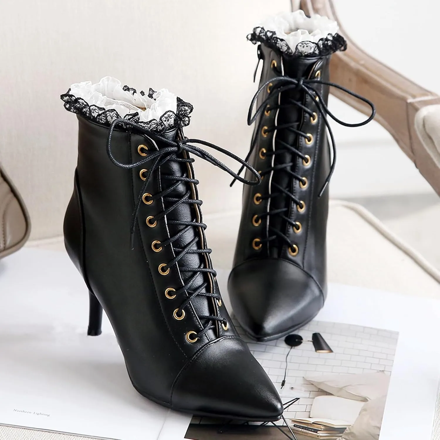 Seborluys Women Vintage Victorian Lace Up Boots Kitten Heel Ankle Boots Pointed Toe Mid Heel Booties With Zipper Wedding Bridal Costume…