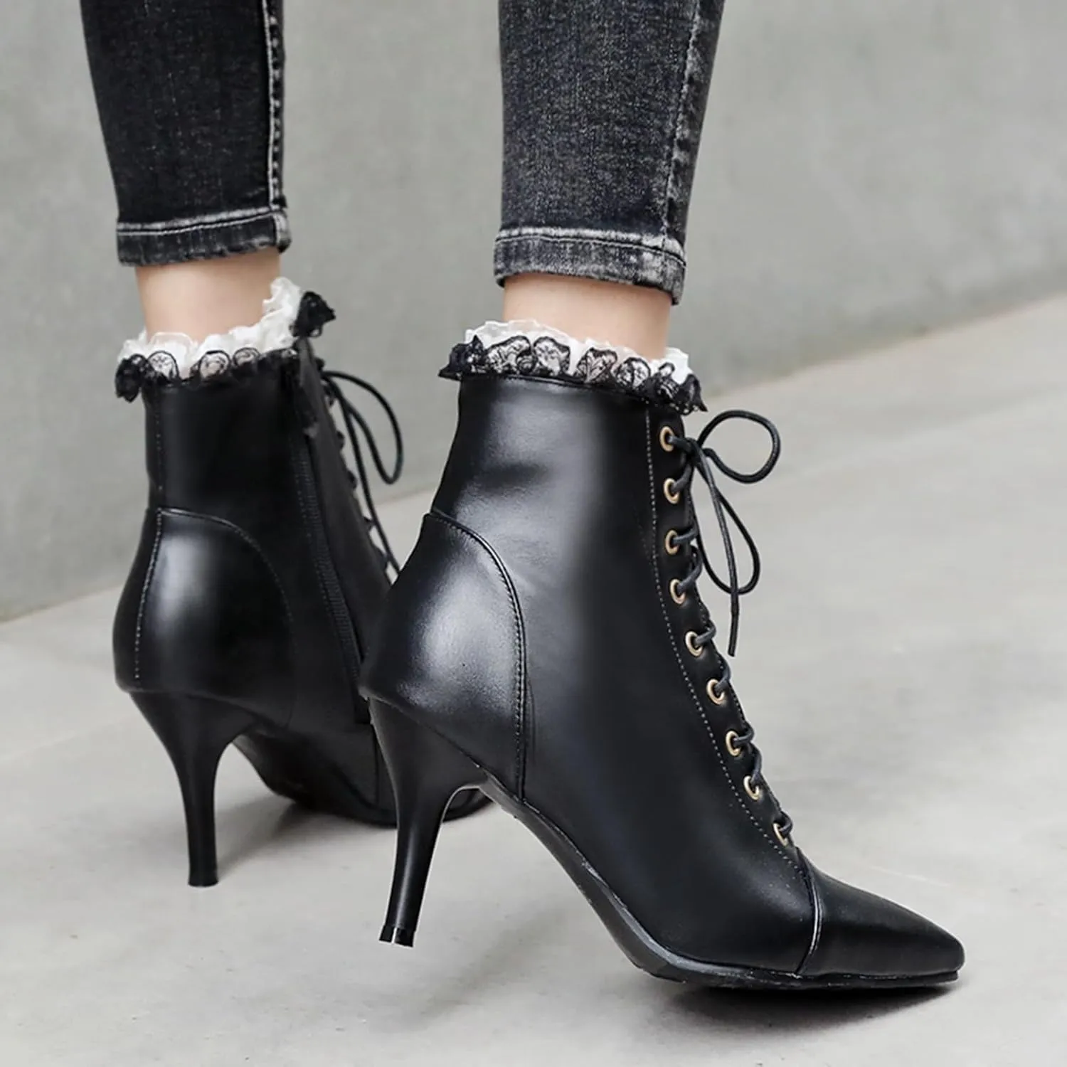 Seborluys Women Vintage Victorian Lace Up Boots Kitten Heel Ankle Boots Pointed Toe Mid Heel Booties With Zipper Wedding Bridal Costume…