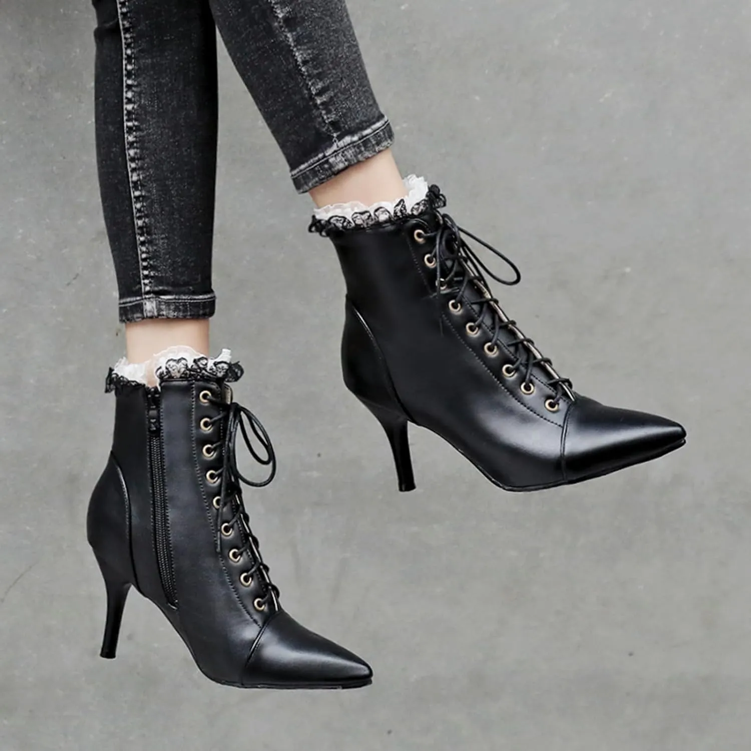 Seborluys Women Vintage Victorian Lace Up Boots Kitten Heel Ankle Boots Pointed Toe Mid Heel Booties With Zipper Wedding Bridal Costume…