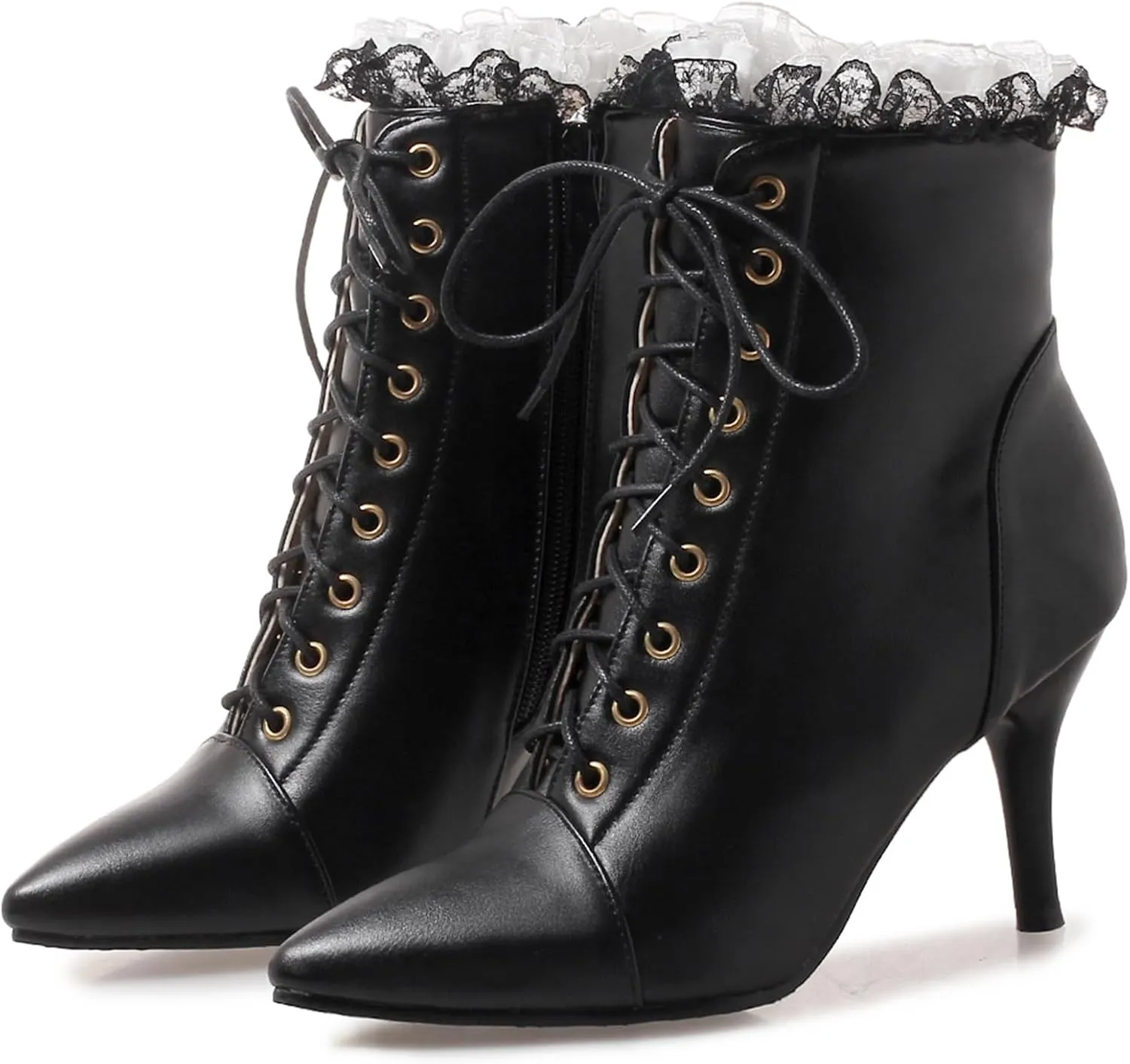 Seborluys Women Vintage Victorian Lace Up Boots Kitten Heel Ankle Boots Pointed Toe Mid Heel Booties With Zipper Wedding Bridal Costume…