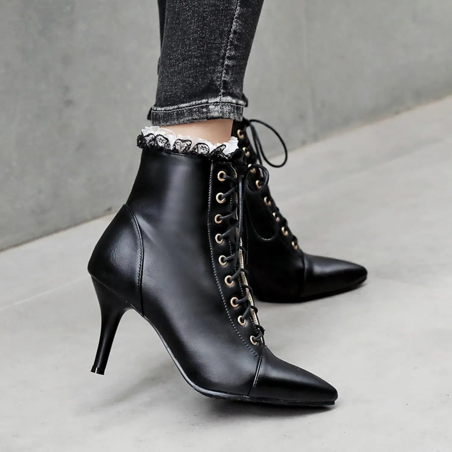 Seborluys Women Vintage Victorian Lace Up Boots Kitten Heel Ankle Boots Pointed Toe Mid Heel Booties With Zipper Wedding Bridal Costume…