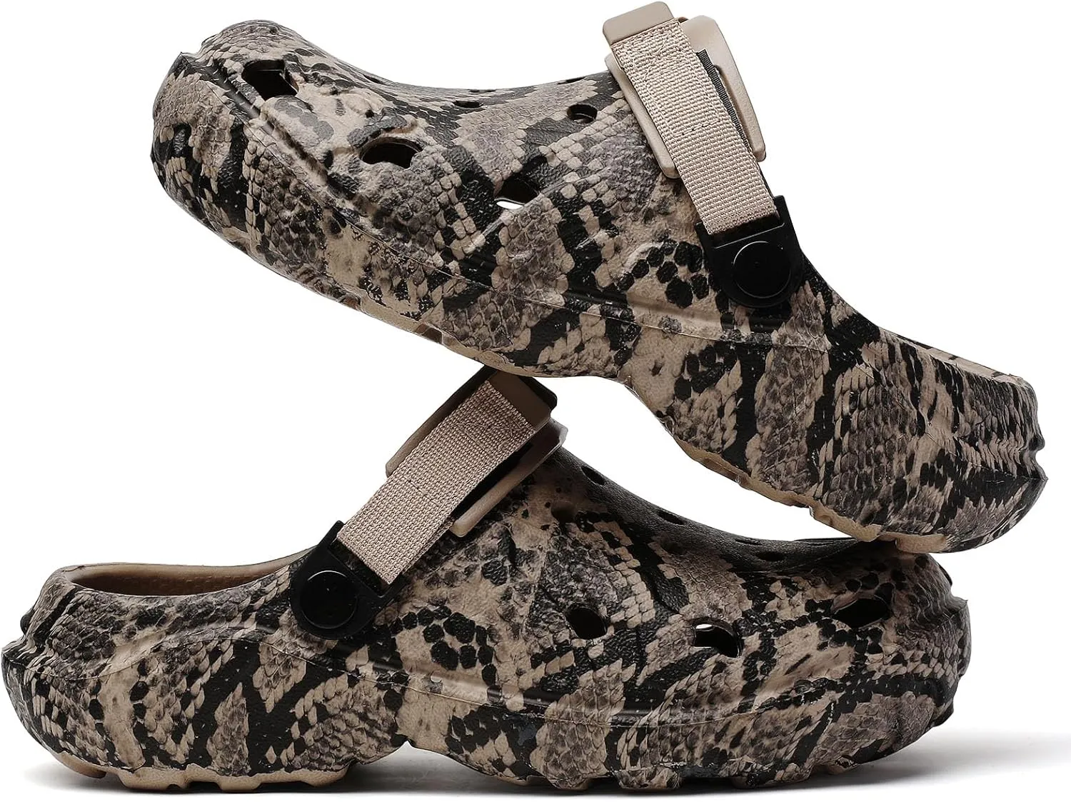 SECHRITE Men's Women's Clogs Slip On Waterproof Garden Shoes, Snake Printed Lightweight Non-Slip Comfort Mules with Adjustable Strap for Outdoor Indoor