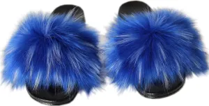 Sedutmo Women Faux Fur Slippers Fuzzy Vegan Feather Slides Fluffy Open Toe Sandals Indoor Outdoor (Blue, 5)