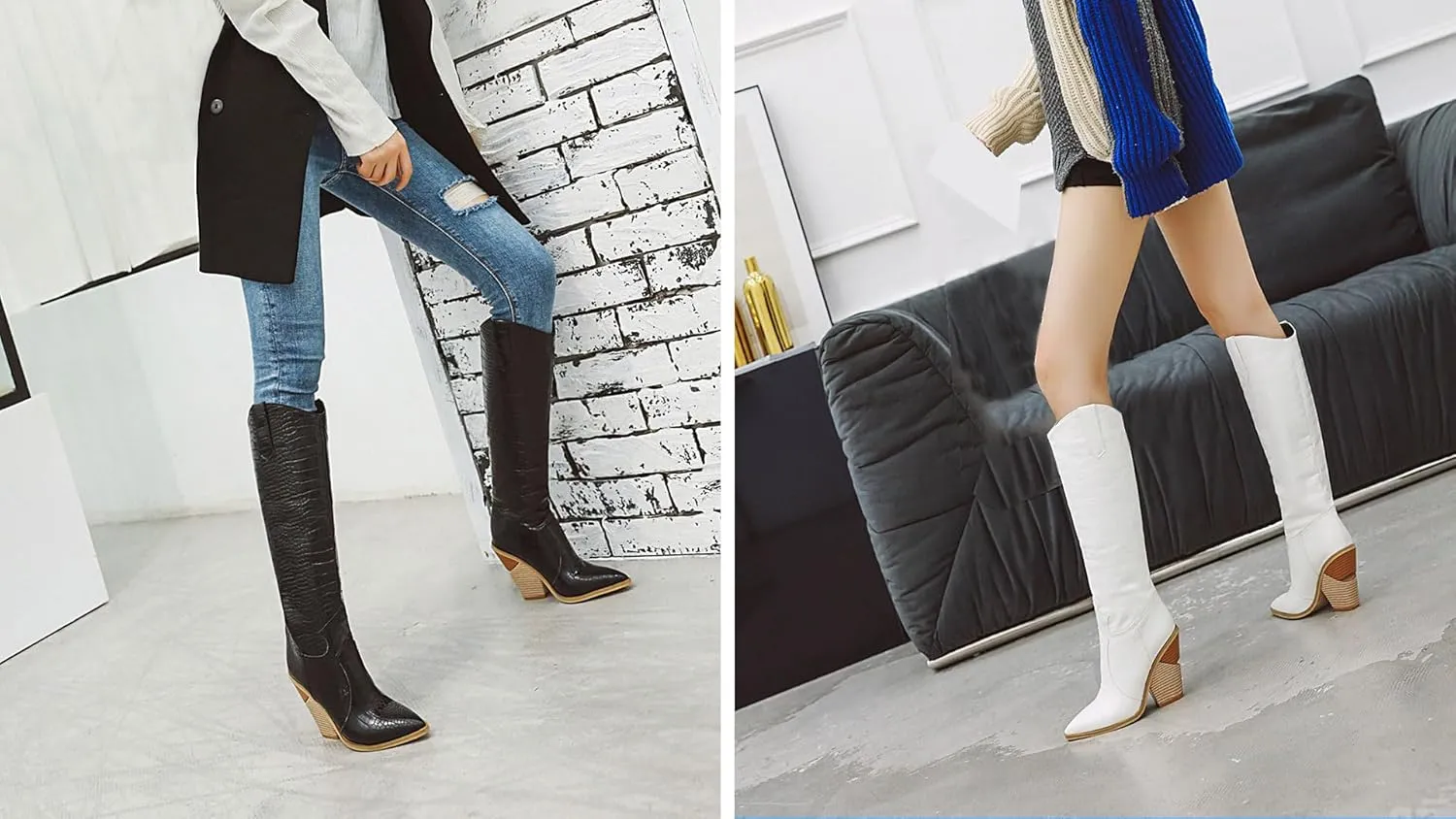 SEIFIN Knee High Cowboy Boots for Women Snakeskin Stacked Chunky Heels Tall Western Cowgirl Boot High Heeled Zipper Long Boots