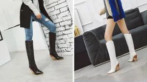 SEIFIN Knee High Cowboy Boots for Women Snakeskin Stacked Chunky Heels Tall Western Cowgirl Boot High Heeled Zipper Long Boots