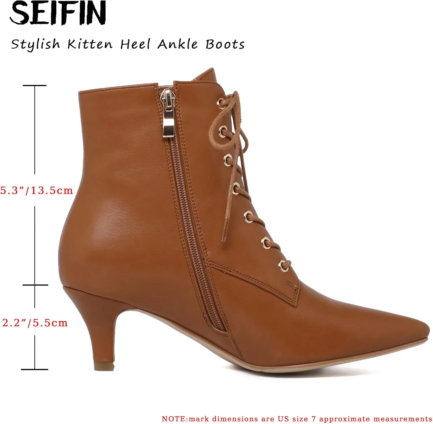 SEIFIN Women's Kitten Heels Lace Up Ankle Boots Low Mid Heeled Side Zipper Short Booties Pointed-Toe Shoes