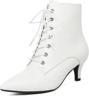 SEIFIN Women's Kitten Heels Lace Up Ankle Boots Low Mid Heeled Side Zipper Short Booties Pointed-Toe Shoes