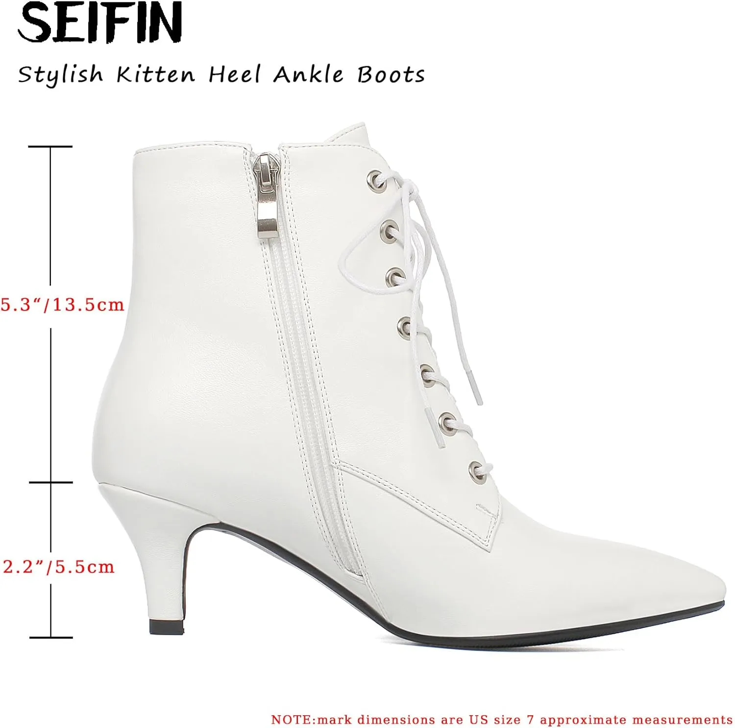 SEIFIN Women's Kitten Heels Lace Up Ankle Boots Low Mid Heeled Side Zipper Short Booties Pointed-Toe Shoes