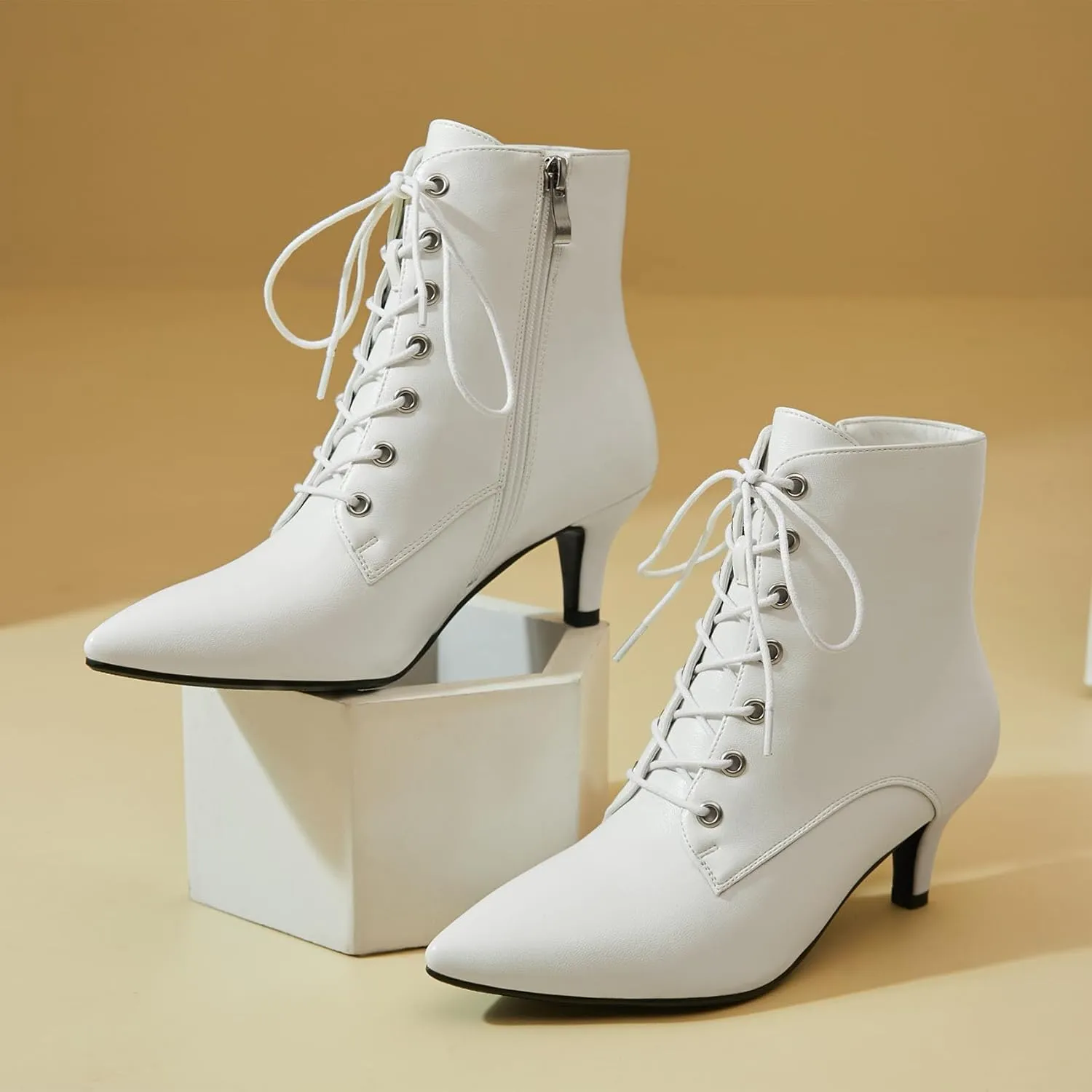SEIFIN Women's Kitten Heels Lace Up Ankle Boots Low Mid Heeled Side Zipper Short Booties Pointed-Toe Shoes