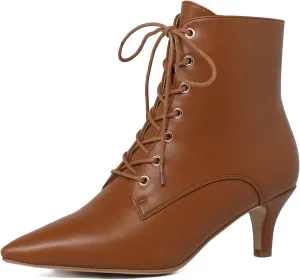 SEIFIN Women's Kitten Heels Lace Up Ankle Boots Low Mid Heeled Side Zipper Short Booties Pointed-Toe Shoes