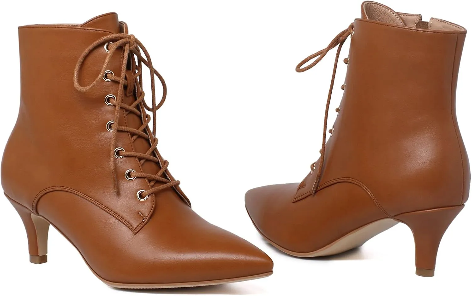 SEIFIN Women's Kitten Heels Lace Up Ankle Boots Low Mid Heeled Side Zipper Short Booties Pointed-Toe Shoes