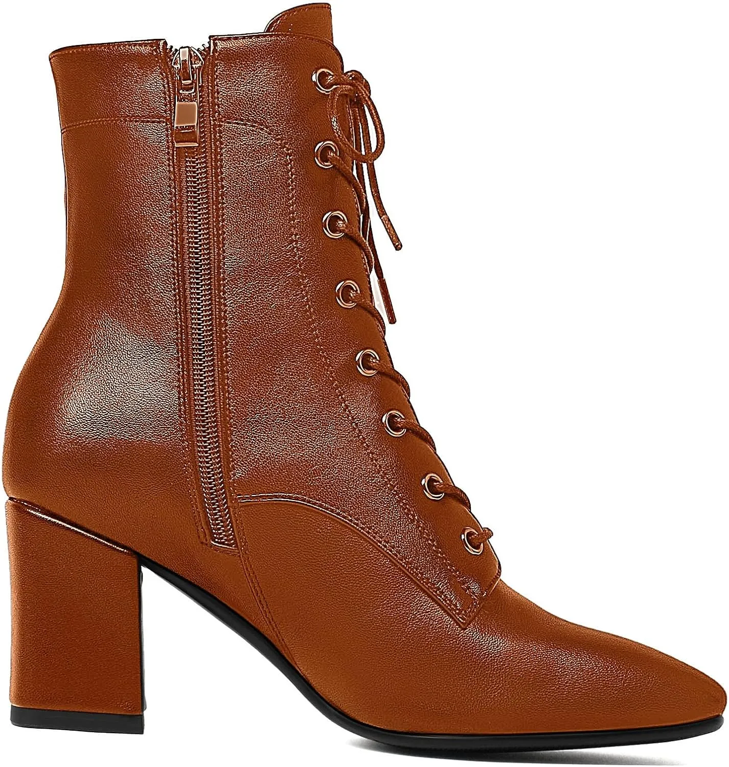 SEIFIN Women's Square Toe Chunky Heels Ankle Boots Block High Heeled Lace Up Short Booties Shoes