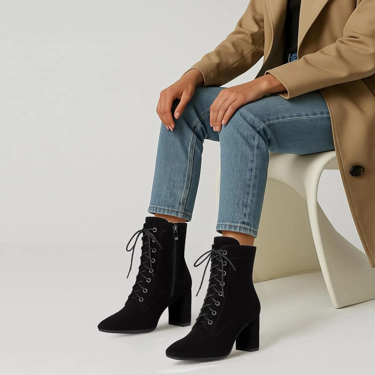 SEIFIN Women's Square Toe Chunky Heels Ankle Boots Block High Heeled Lace Up Short Booties Shoes