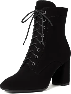 SEIFIN Women's Square Toe Chunky Heels Ankle Boots Block High Heeled Lace Up Short Booties Shoes