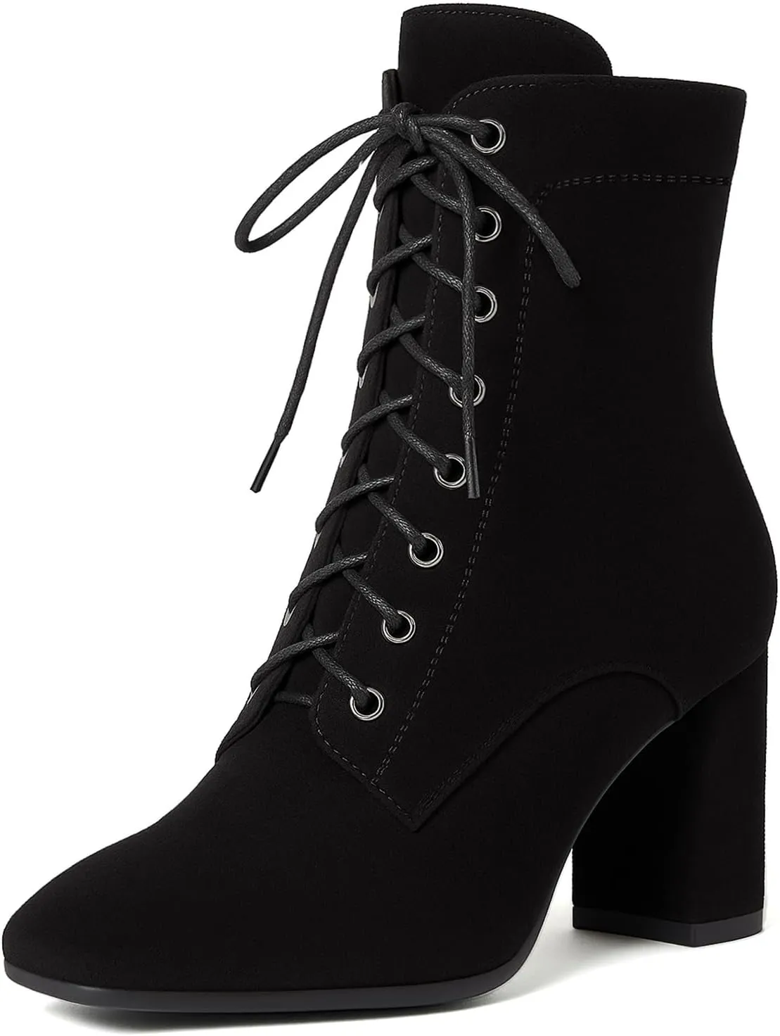 SEIFIN Women's Square Toe Chunky Heels Ankle Boots Block High Heeled Lace Up Short Booties Shoes