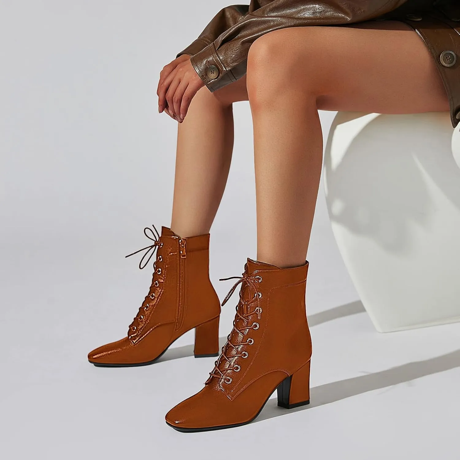 SEIFIN Women's Square Toe Chunky Heels Ankle Boots Block High Heeled Lace Up Short Booties Shoes