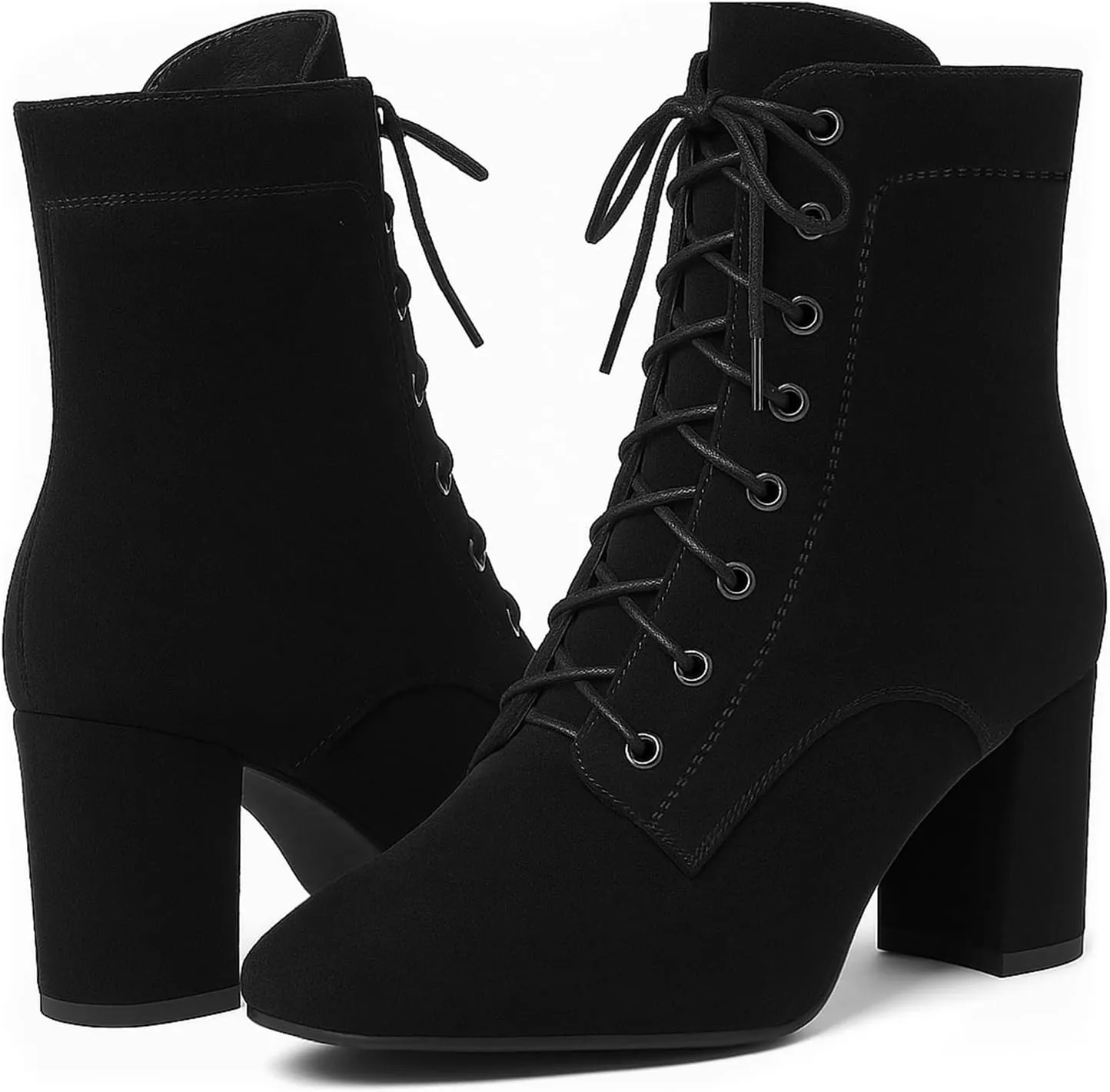 SEIFIN Women's Square Toe Chunky Heels Ankle Boots Block High Heeled Lace Up Short Booties Shoes