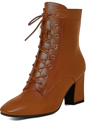 SEIFIN Women's Square Toe Chunky Heels Ankle Boots Block High Heeled Lace Up Short Booties Shoes