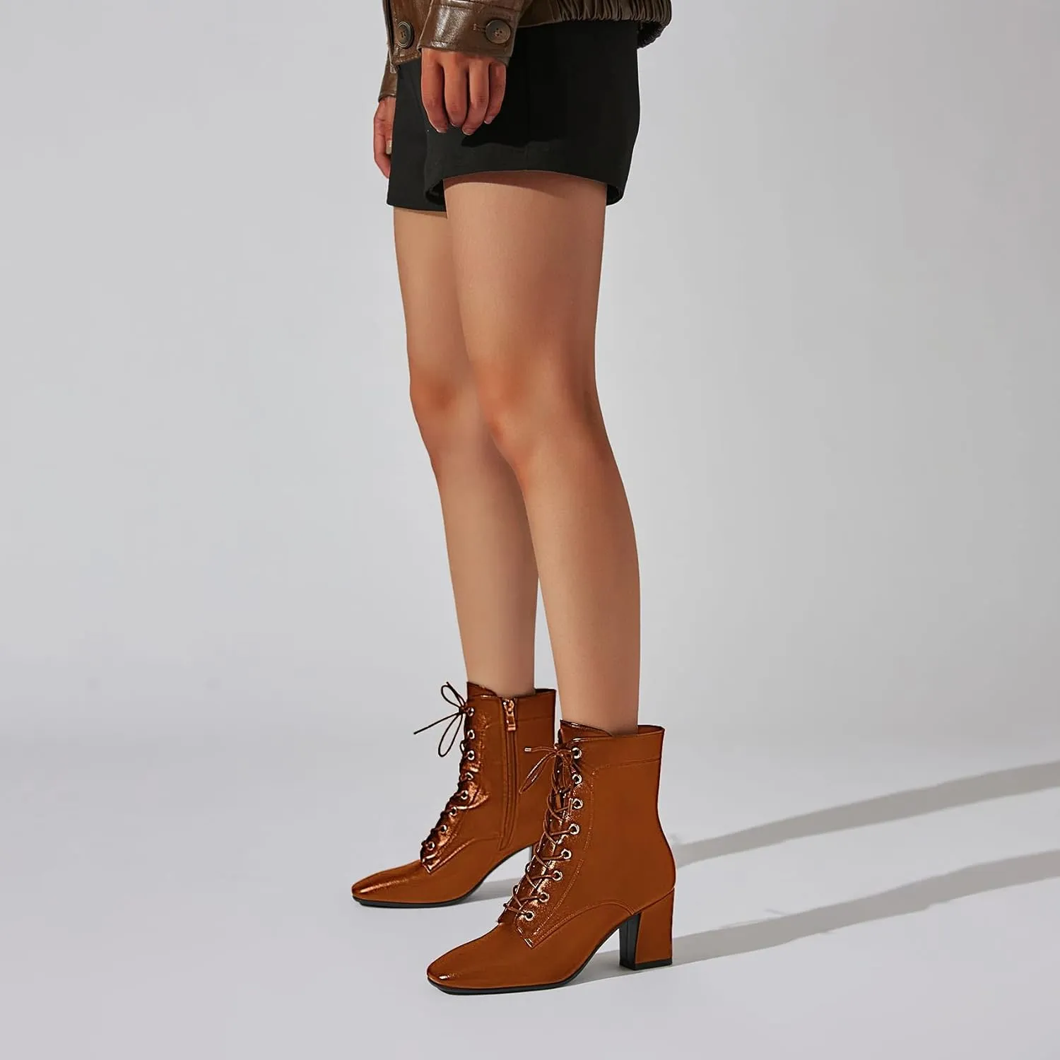 SEIFIN Women's Square Toe Chunky Heels Ankle Boots Block High Heeled Lace Up Short Booties Shoes