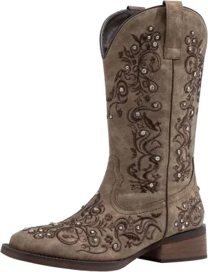 SheSole Women's Cowboy Boots Square Toe Rhinestone Mid Calf Floral Western Boot Fashion Cowgirl Shoes