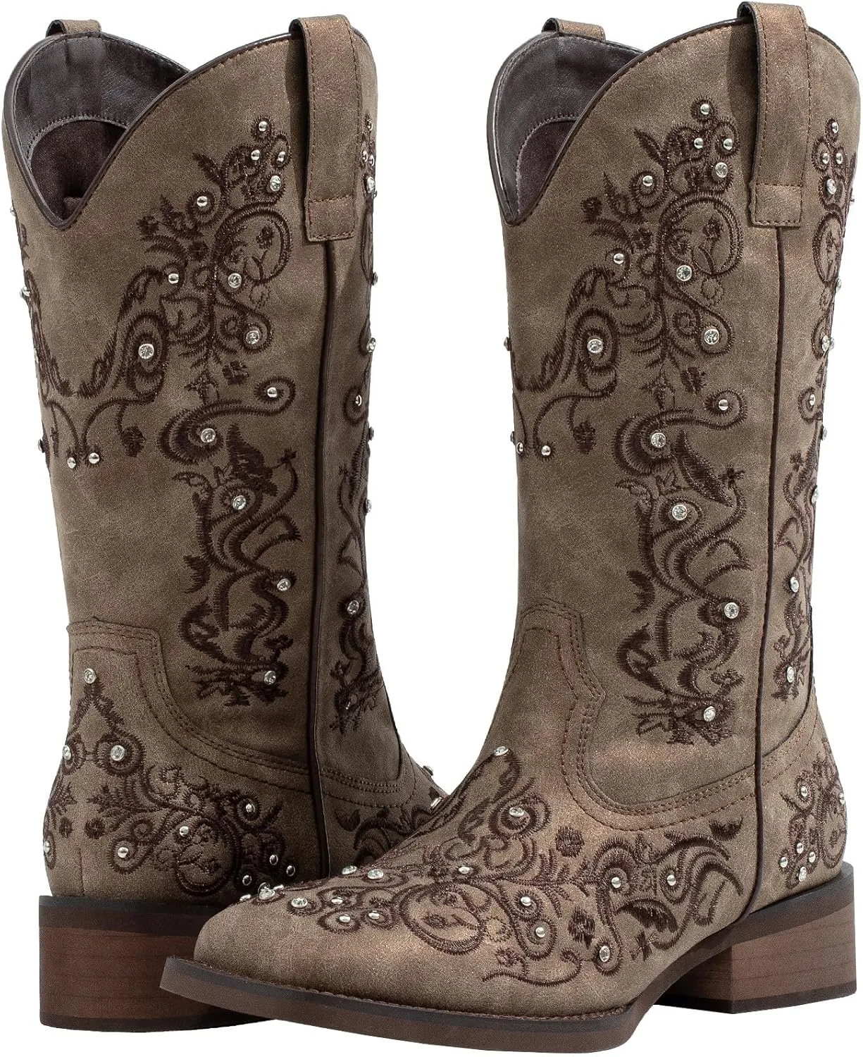 SheSole Women's Cowboy Boots Square Toe Rhinestone Mid Calf Floral Western Boot Fashion Cowgirl Shoes