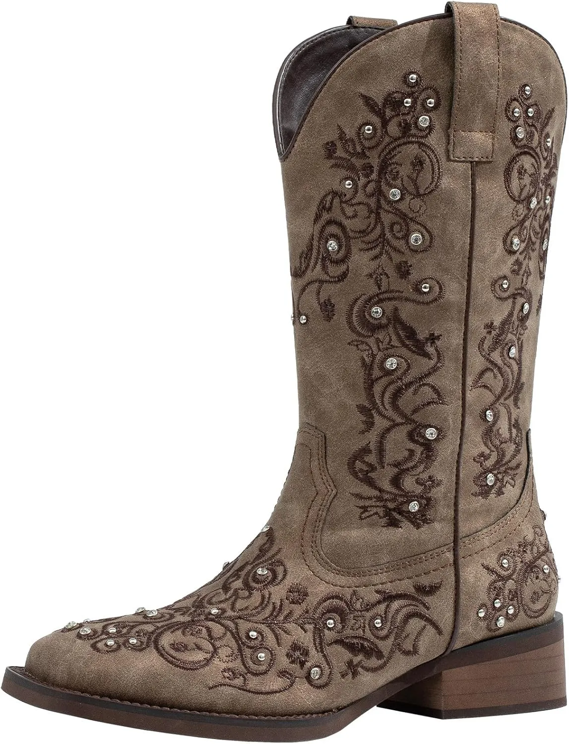 SheSole Women's Cowboy Boots Square Toe Rhinestone Mid Calf Floral Western Boot Fashion Cowgirl Shoes