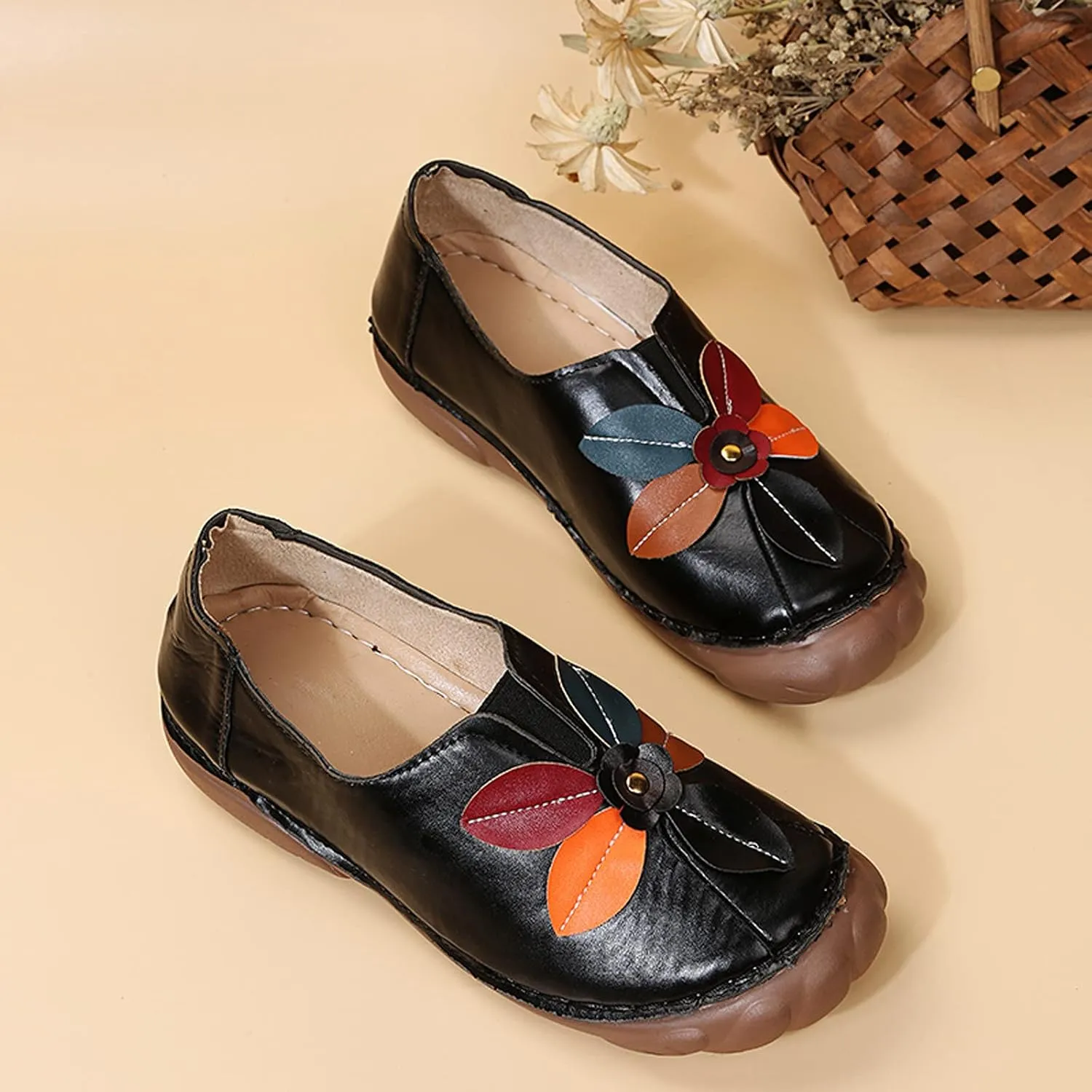 Shije Flats for Women Round Toe Shallow Flat Casual Loafers Single Shoes Comfortable Slip On Classic Dressy Casual Flats Shoes Women